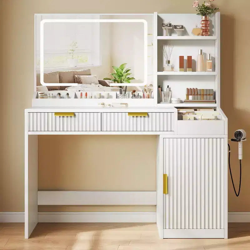 Vanity Desk With Large Lighted Mirror Makeup Vanity Table Shelves 2 Drawers 3 Lighting Modes Brightness Adjustable