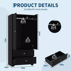 71 Armoire Wardrobe Closet, Modern Wooden Bedroom Armoire with 2 Drawers & 2 Doors and Adjustable ShelvesClothing Storage Cabinet with Hanging