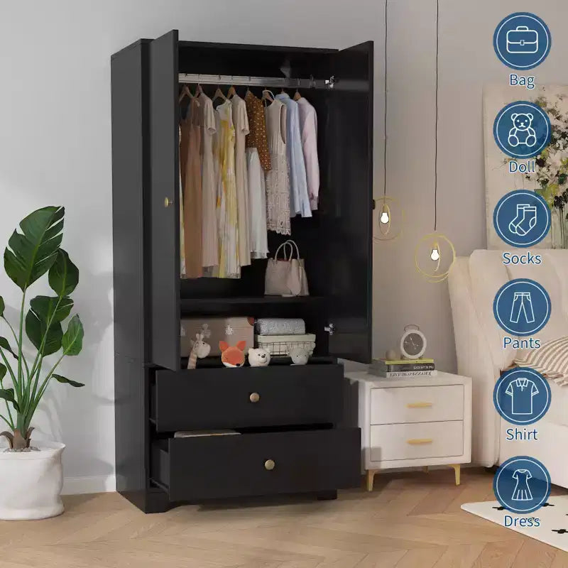 71 Armoire Wardrobe Closet, Modern Wooden Bedroom Armoire with 2 Drawers & 2 Doors and Adjustable ShelvesClothing Storage Cabinet with Hanging