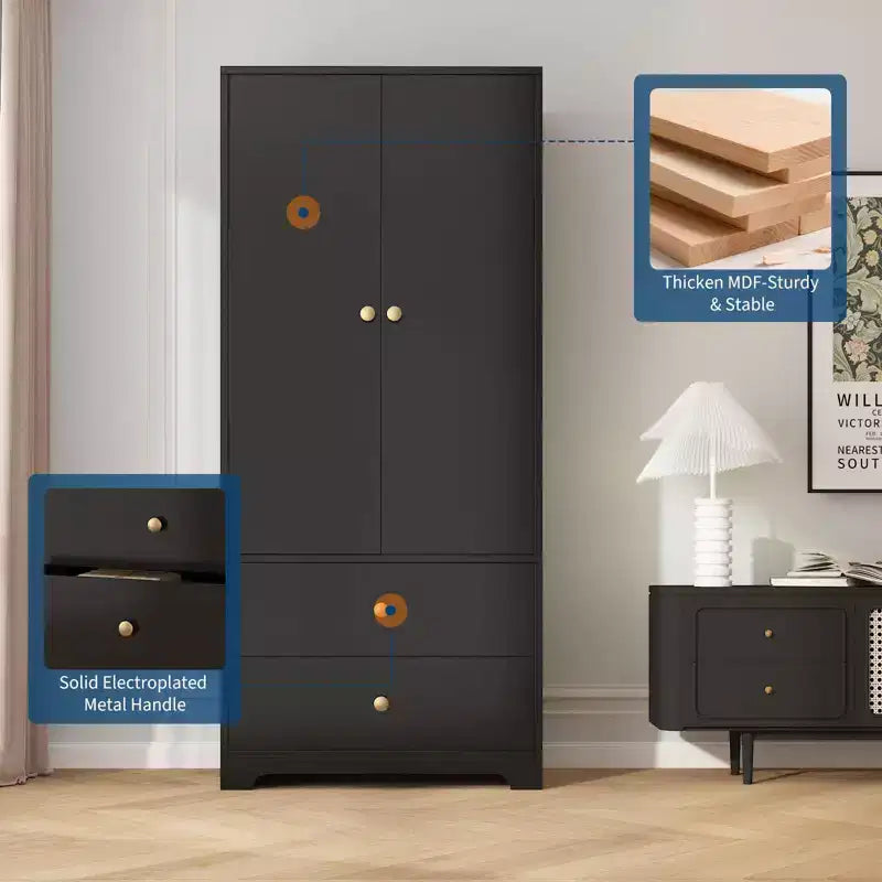 71 Armoire Wardrobe Closet, Modern Wooden Bedroom Armoire with 2 Drawers & 2 Doors and Adjustable ShelvesClothing Storage Cabinet with Hanging