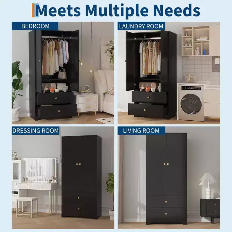 71 Armoire Wardrobe Closet, Modern Wooden Bedroom Armoire with 2 Drawers & 2 Doors and Adjustable ShelvesClothing Storage Cabinet with Hanging