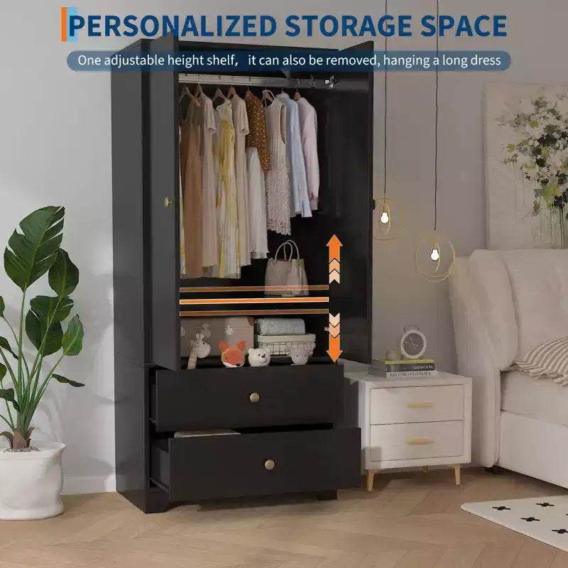71 Armoire Wardrobe Closet, Modern Wooden Bedroom Armoire with 2 Drawers & 2 Doors and Adjustable ShelvesClothing Storage Cabinet with Hanging