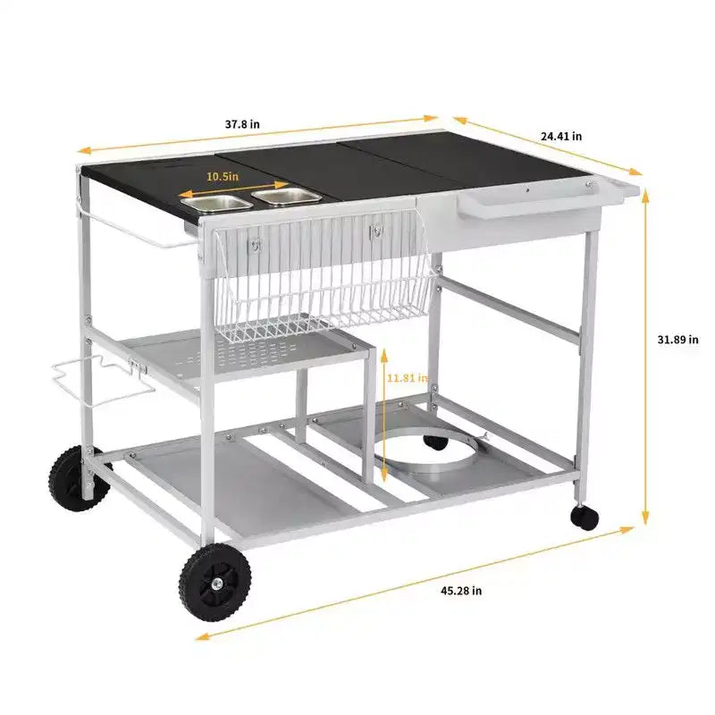4-Wheel Silver BBQ Cart Stainless Steel Top with Seasoning Tray