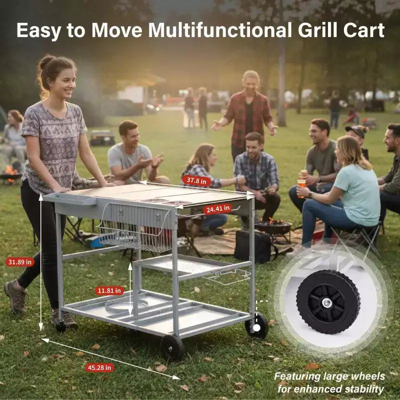 4-Wheel Silver BBQ Cart Stainless Steel Top with Seasoning Tray