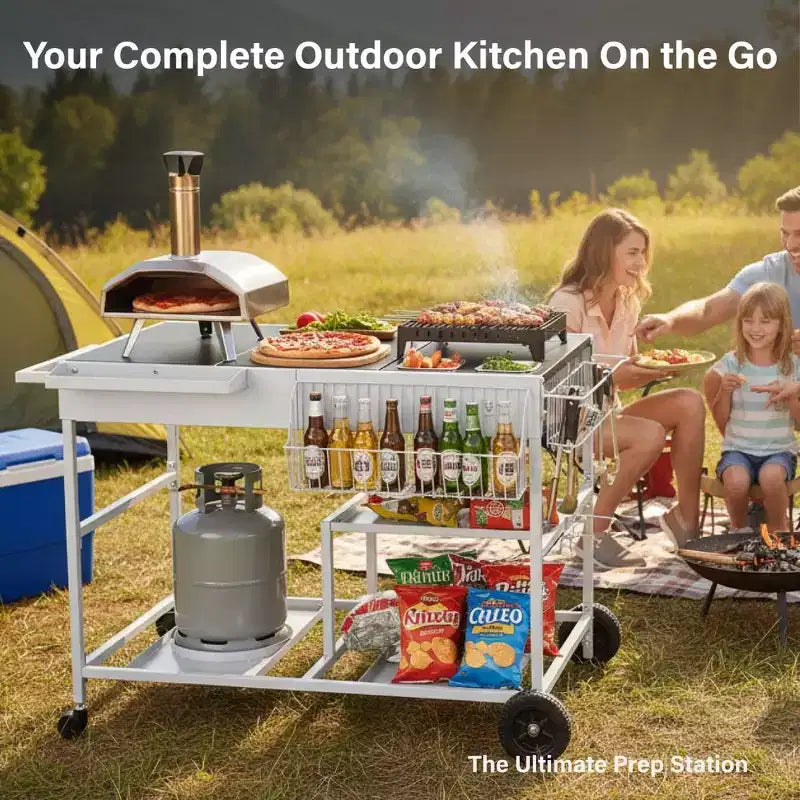 4-Wheel Silver BBQ Cart Stainless Steel Top with Seasoning Tray