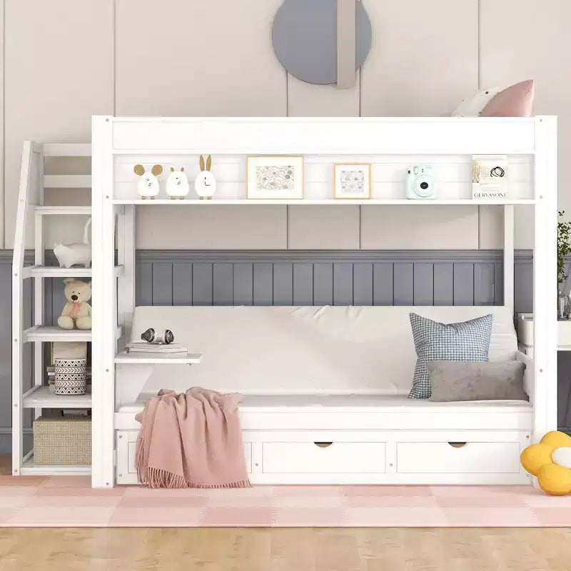 Wood Full Size Convertible Bunk Bed with Storage Staircase, Bedside Table,and 3 Drawers