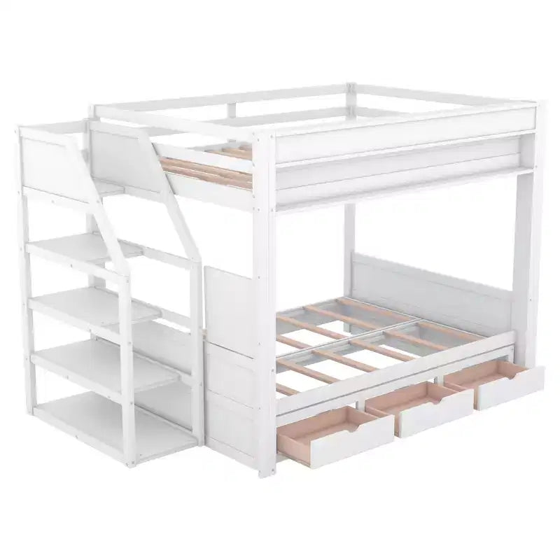 Wood Full Size Convertible Bunk Bed with Storage Staircase, Bedside Table,and 3 Drawers