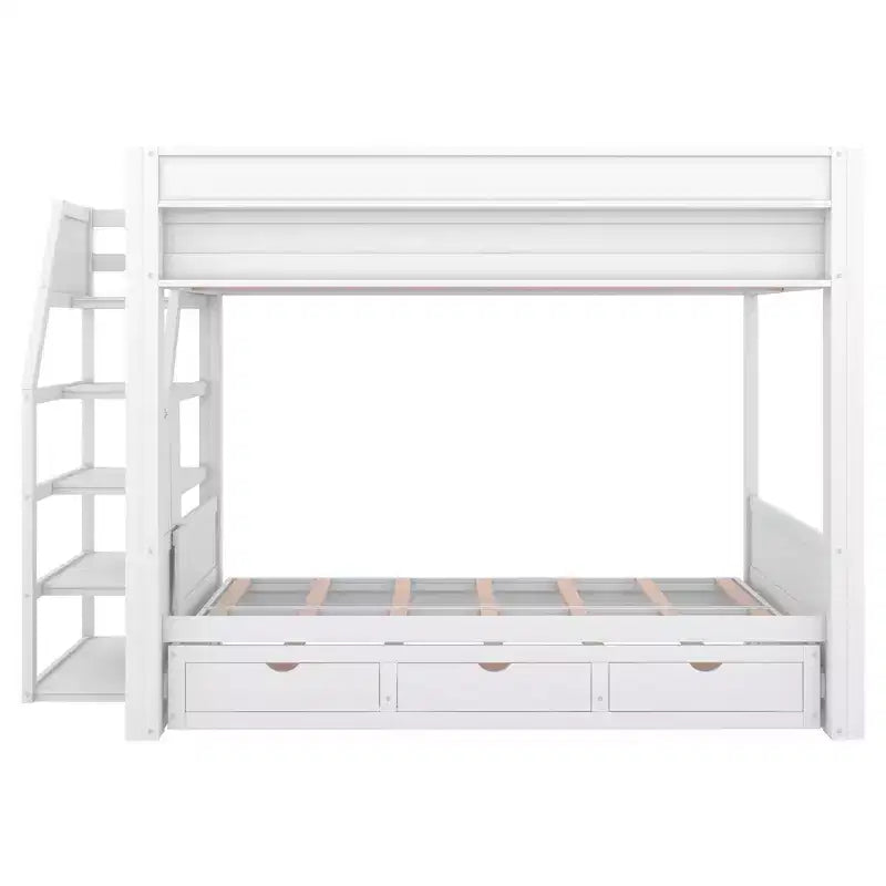 Wood Full Size Convertible Bunk Bed with Storage Staircase, Bedside Table,and 3 Drawers