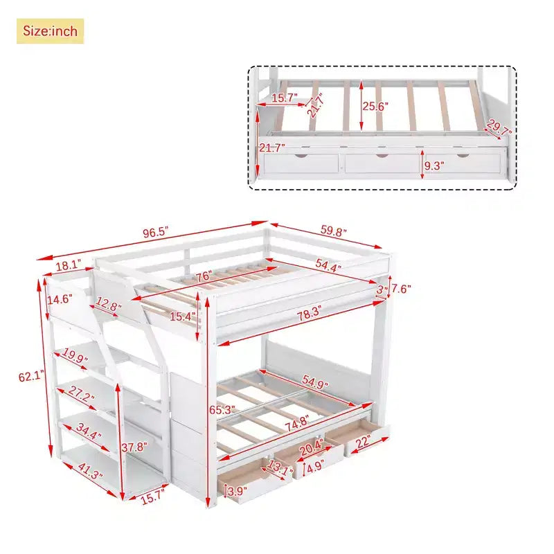 Wood Full Size Convertible Bunk Bed with Storage Staircase, Bedside Table,and 3 Drawers