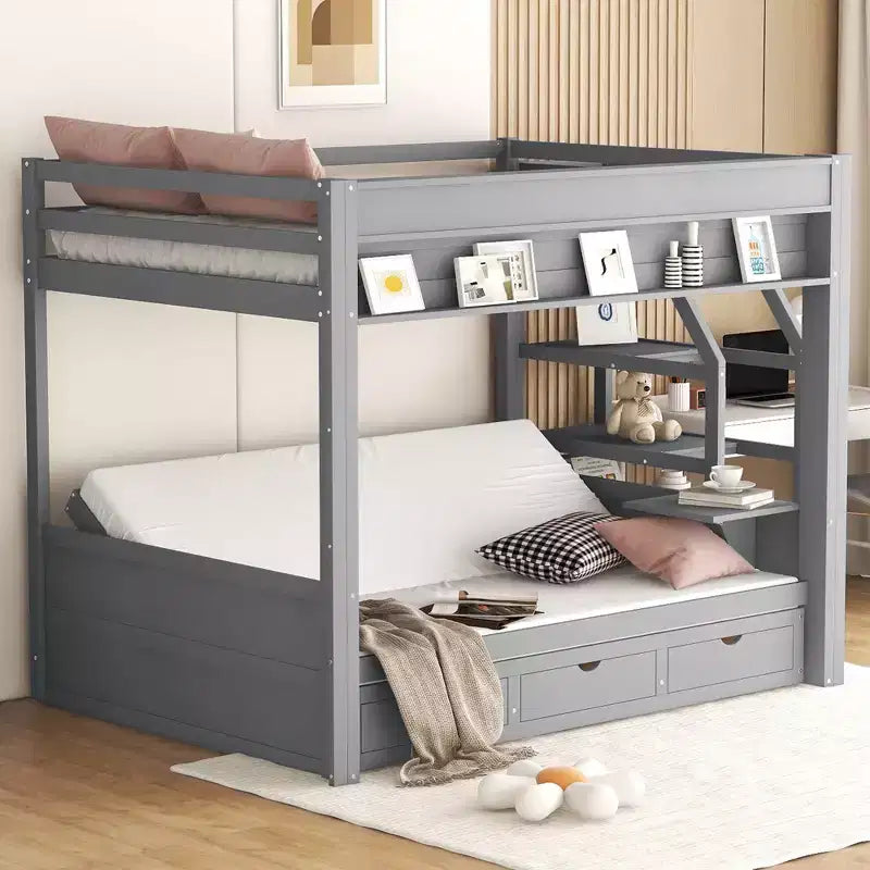 Wood Full Size Convertible Bunk Bed with Storage Staircase, Bedside Table,and 3 Drawers