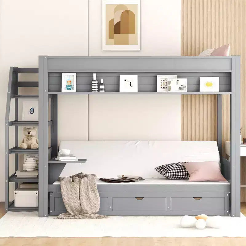 Wood Full Size Convertible Bunk Bed with Storage Staircase, Bedside Table,and 3 Drawers
