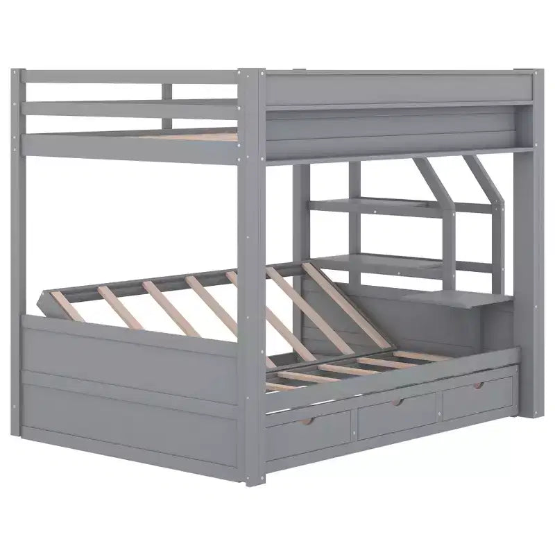 Wood Full Size Convertible Bunk Bed with Storage Staircase, Bedside Table,and 3 Drawers