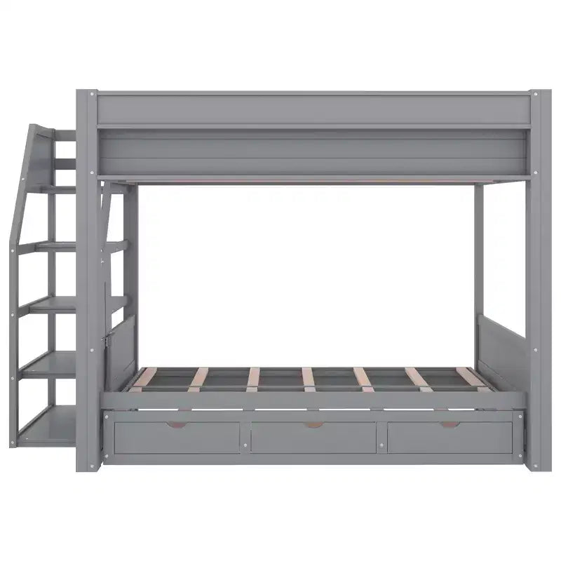 Wood Full Size Convertible Bunk Bed with Storage Staircase, Bedside Table,and 3 Drawers