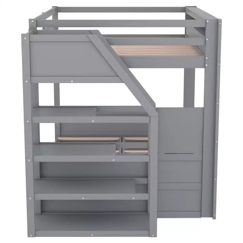 Wood Full Size Convertible Bunk Bed with Storage Staircase, Bedside Table,and 3 Drawers