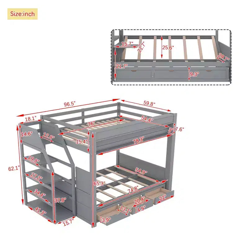 Wood Full Size Convertible Bunk Bed with Storage Staircase, Bedside Table,and 3 Drawers