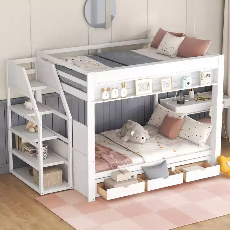 Wood Full Size Convertible Bunk Bed with Storage Staircase, Bedside Table,and 3 Drawers
