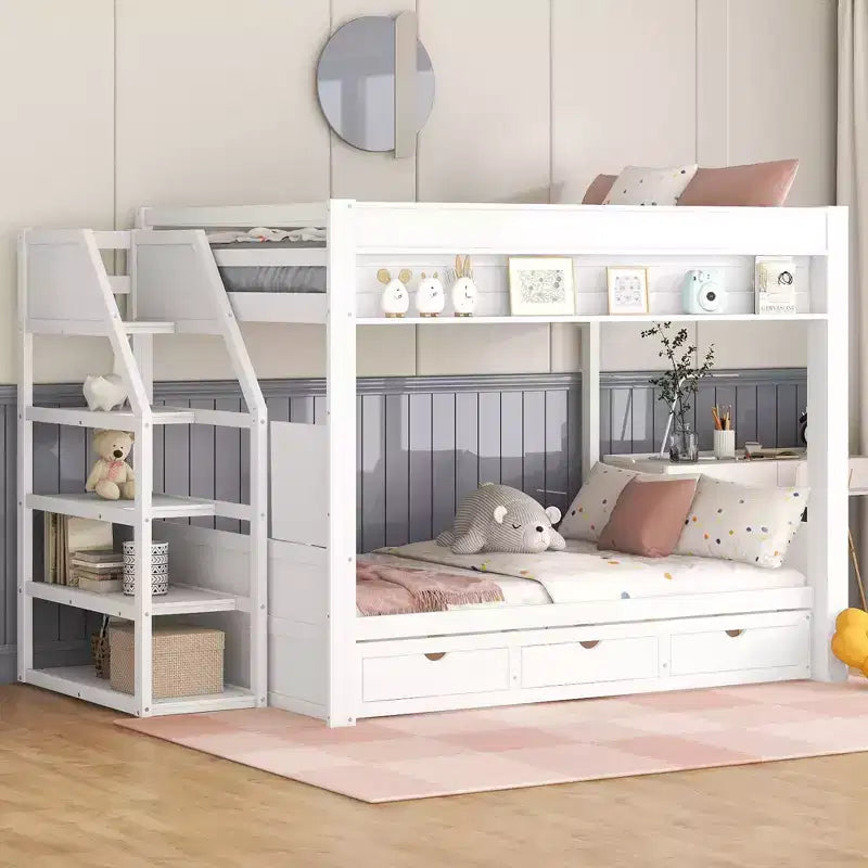 Wood Full Size Convertible Bunk Bed with Storage Staircase, Bedside Table,and 3 Drawers