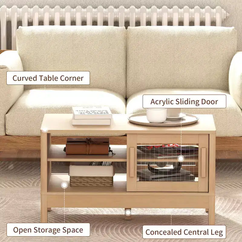 Modern Coffee Table with Unique Acrylic Sliding Door, Curved Corners & Adjustable Shelves
