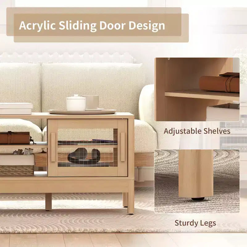 Modern Coffee Table with Unique Acrylic Sliding Door, Curved Corners & Adjustable Shelves