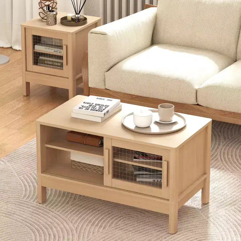 Modern Coffee Table with Unique Acrylic Sliding Door, Curved Corners & Adjustable Shelves