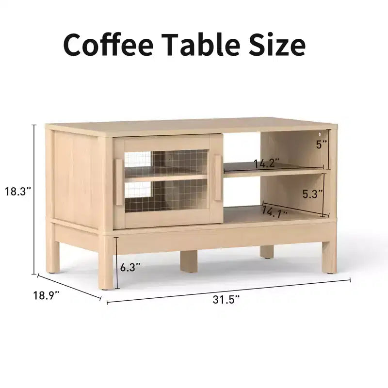 Modern Coffee Table with Unique Acrylic Sliding Door, Curved Corners & Adjustable Shelves