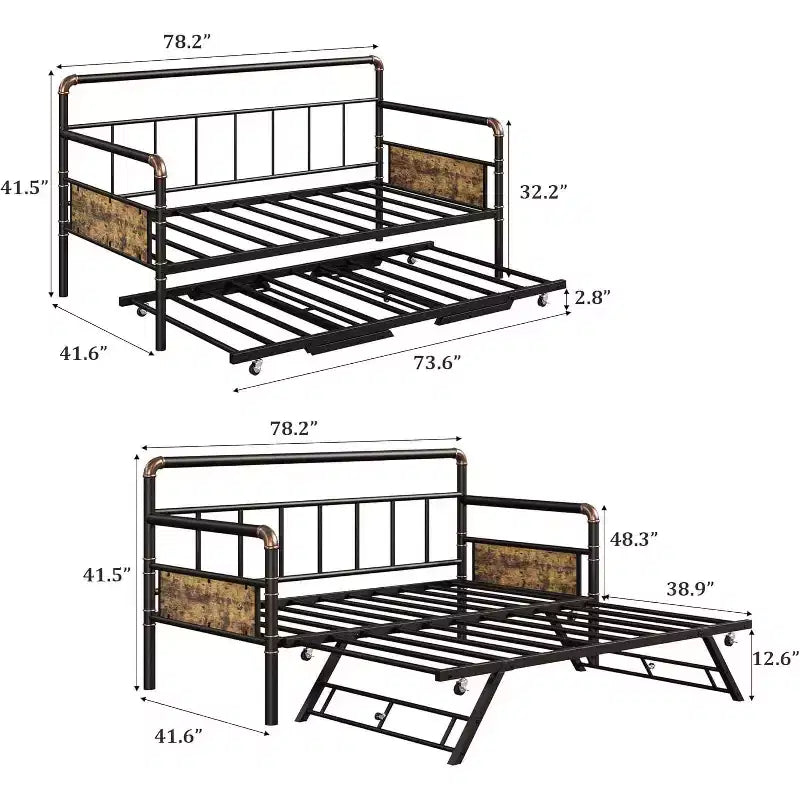 Daybed with Trundle Bed, Twin Bed Frame with Steel Slats, Sofa Bedframe with Strong Supports for Living Room, Bedroom, Brown