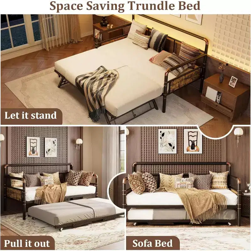 Daybed with Trundle Bed, Twin Bed Frame with Steel Slats, Sofa Bedframe with Strong Supports for Living Room, Bedroom, Brown