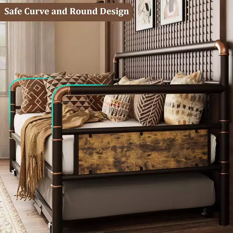 Daybed with Trundle Bed, Twin Bed Frame with Steel Slats, Sofa Bedframe with Strong Supports for Living Room, Bedroom, Brown
