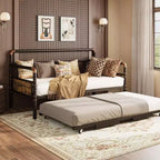 Daybed with Trundle Bed, Twin Bed Frame with Steel Slats, Sofa Bedframe with Strong Supports for Living Room, Bedroom, Brown