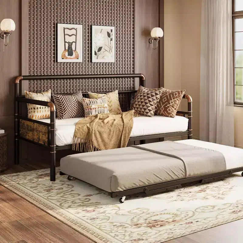 Daybed with Trundle Bed, Twin Bed Frame with Steel Slats, Sofa Bedframe with Strong Supports for Living Room, Bedroom, Brown