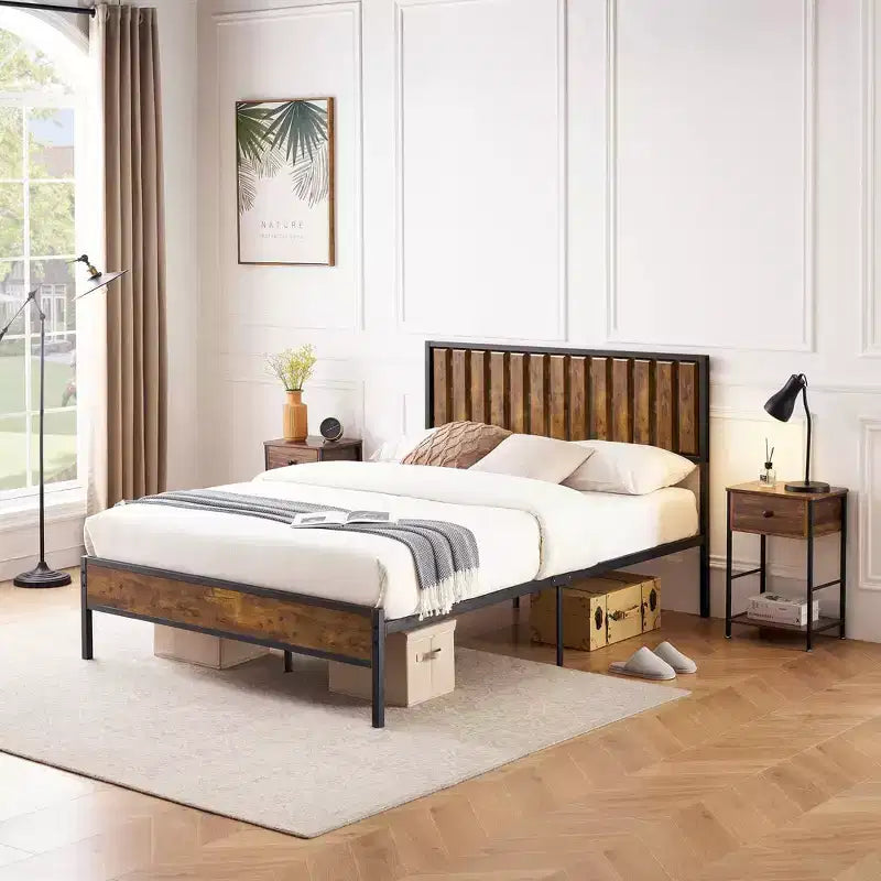 Full Size Platform Bed Frame with Wooden Headboard & Footboard, 14 Steel Bar Support, Noise Free