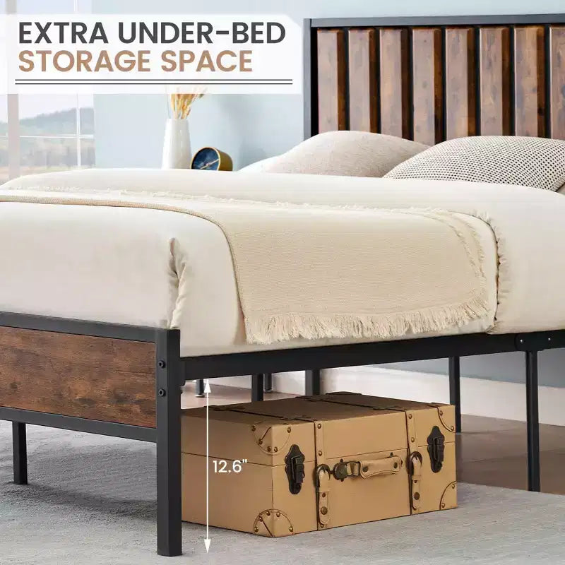 Full Size Platform Bed Frame with Wooden Headboard & Footboard, 14 Steel Bar Support, Noise Free