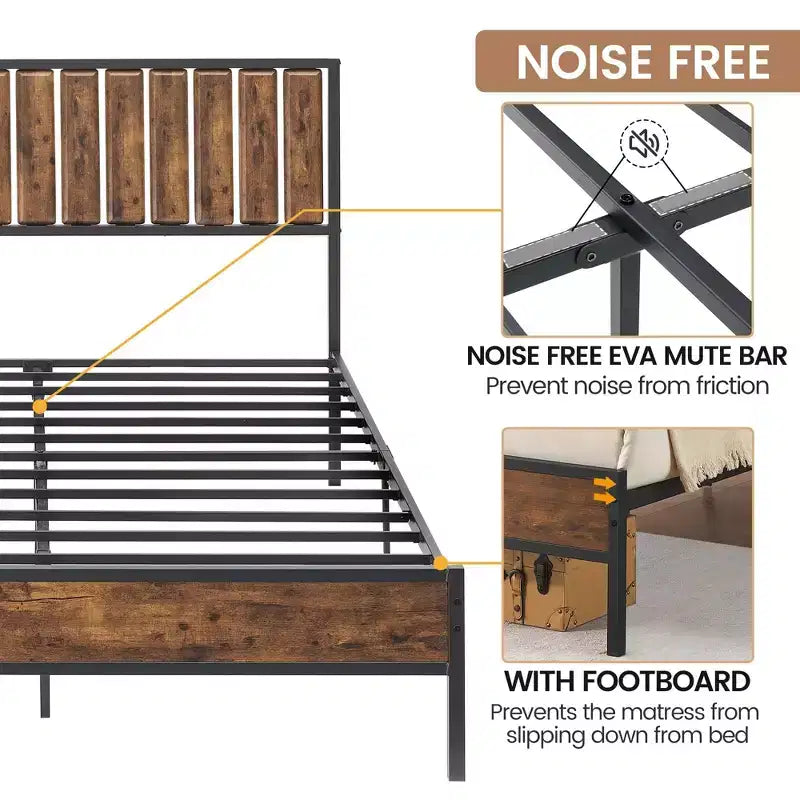 Full Size Platform Bed Frame with Wooden Headboard & Footboard, 14 Steel Bar Support, Noise Free