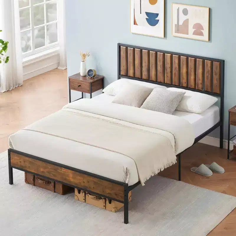 Full Size Platform Bed Frame with Wooden Headboard & Footboard, 14 Steel Bar Support, Noise Free