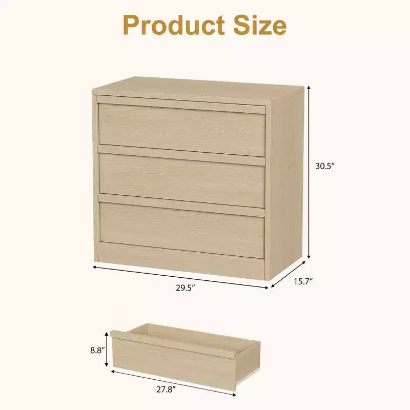 3 Drawer Dresser for Bedroom, Natural Oak Nightstand 3 Chest of Drawers w/Storage, Small Modern Bedside End Table for Living Room, Nursery, Entryway