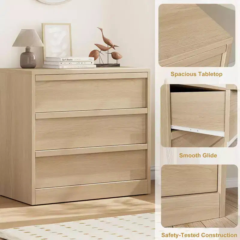 3 Drawer Dresser for Bedroom, Natural Oak Nightstand 3 Chest of Drawers w/Storage, Small Modern Bedside End Table for Living Room, Nursery, Entryway
