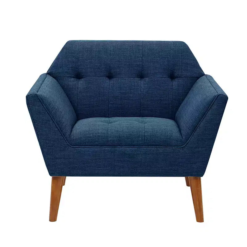 Midcentury Modern Accent Chair, Linen Upholstered Tufted Armchair with Wood Frame, Blue Reading Chair for Living Room Bedroom