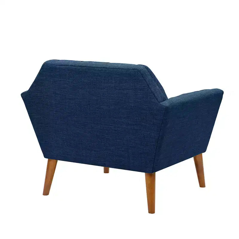 Midcentury Modern Accent Chair, Linen Upholstered Tufted Armchair with Wood Frame, Blue Reading Chair for Living Room Bedroom