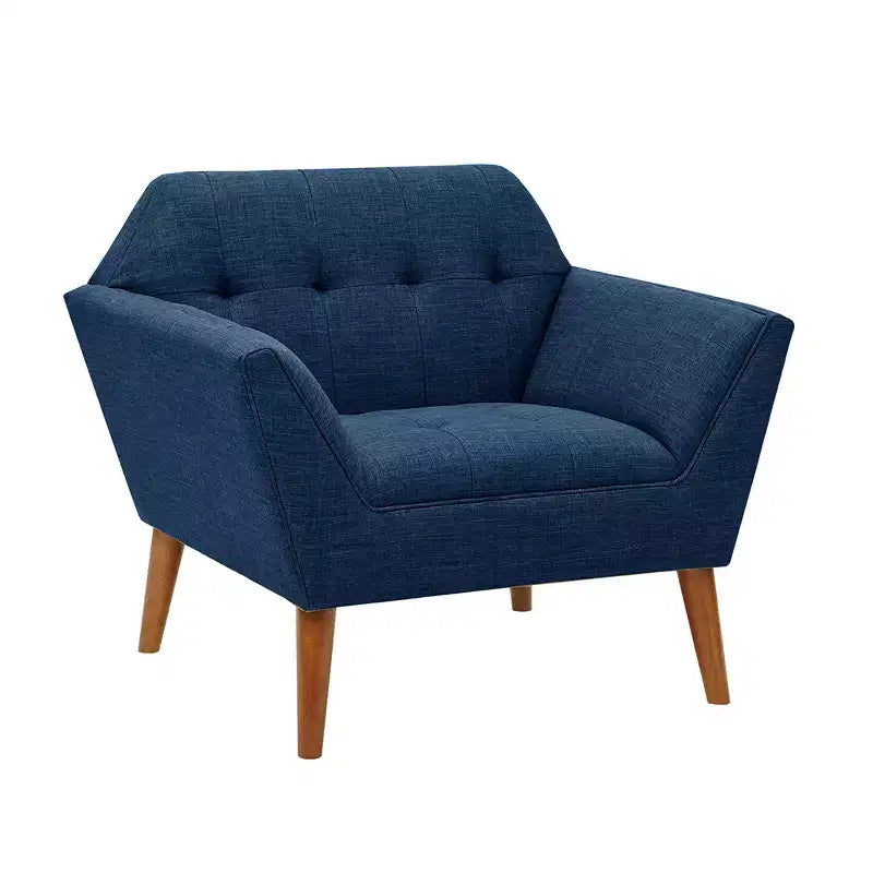 Midcentury Modern Accent Chair, Linen Upholstered Tufted Armchair with Wood Frame, Blue Reading Chair for Living Room Bedroom