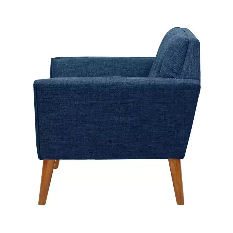 Midcentury Modern Accent Chair, Linen Upholstered Tufted Armchair with Wood Frame, Blue Reading Chair for Living Room Bedroom