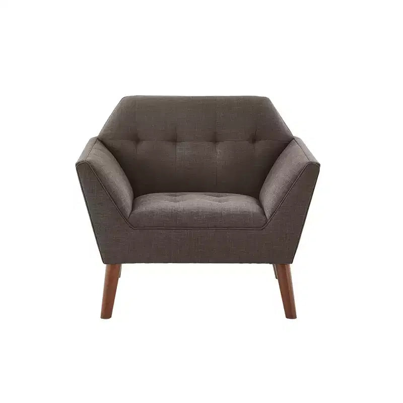 Midcentury Modern Accent Chair, Linen Upholstered Tufted Armchair with Wood Frame, Blue Reading Chair for Living Room Bedroom