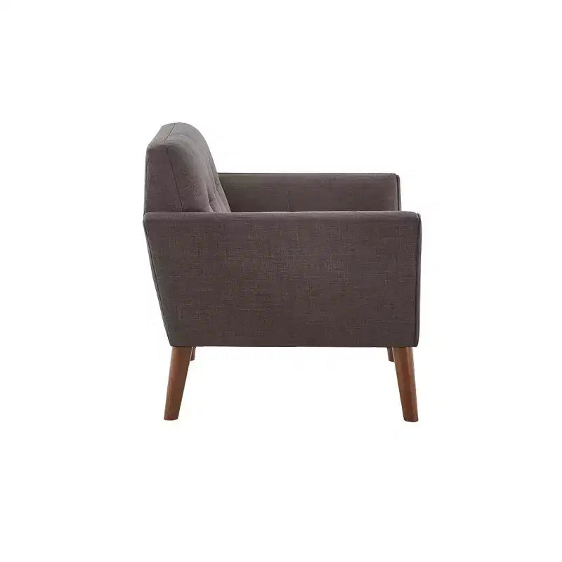 Midcentury Modern Accent Chair, Linen Upholstered Tufted Armchair with Wood Frame, Blue Reading Chair for Living Room Bedroom