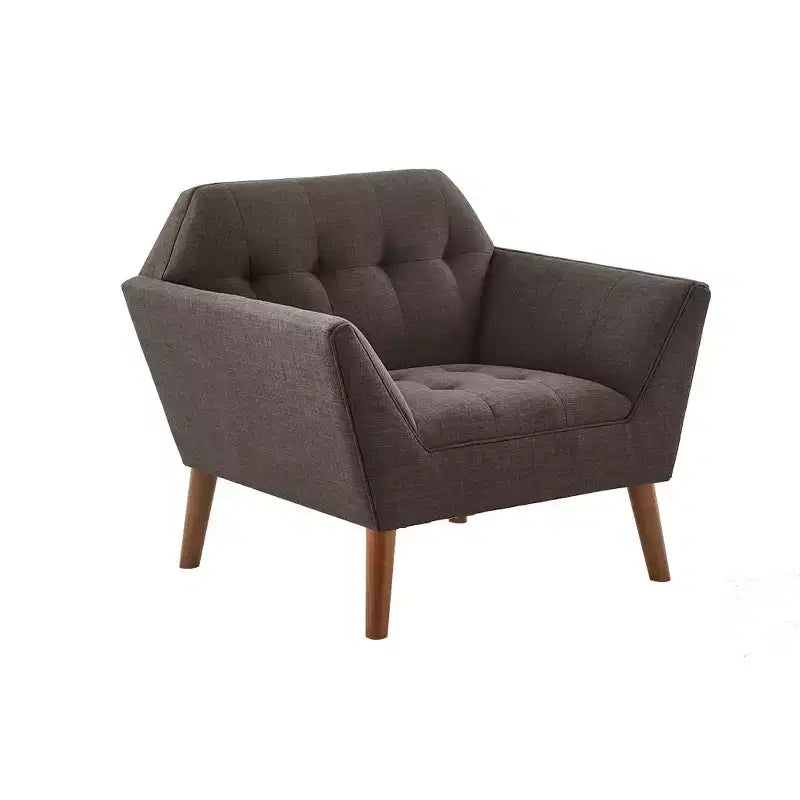 Midcentury Modern Accent Chair, Linen Upholstered Tufted Armchair with Wood Frame, Blue Reading Chair for Living Room Bedroom