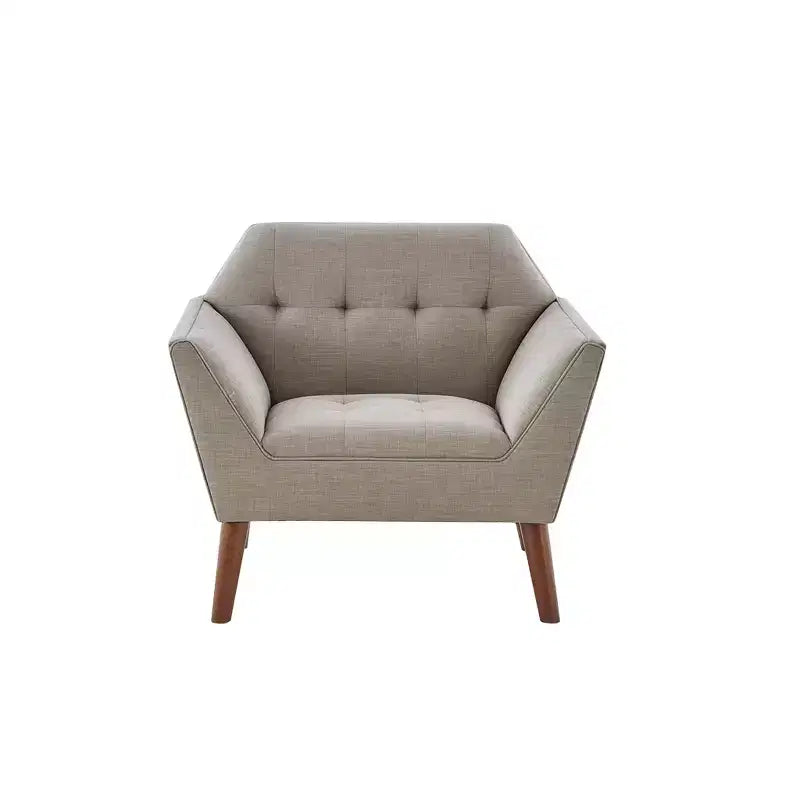 Midcentury Modern Accent Chair, Linen Upholstered Tufted Armchair with Wood Frame, Blue Reading Chair for Living Room Bedroom