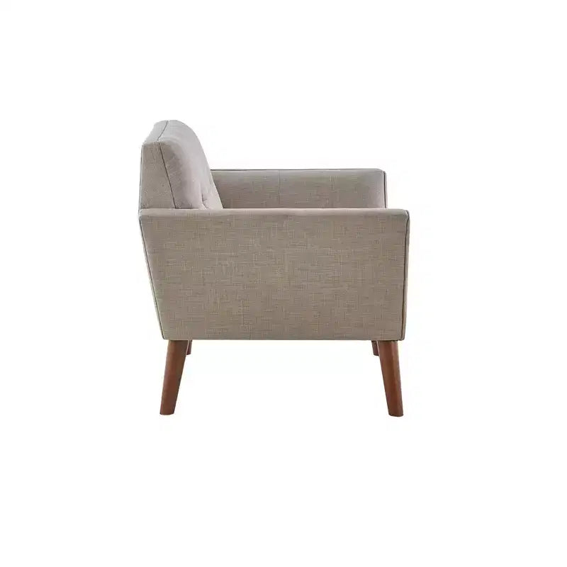 Midcentury Modern Accent Chair, Linen Upholstered Tufted Armchair with Wood Frame, Blue Reading Chair for Living Room Bedroom