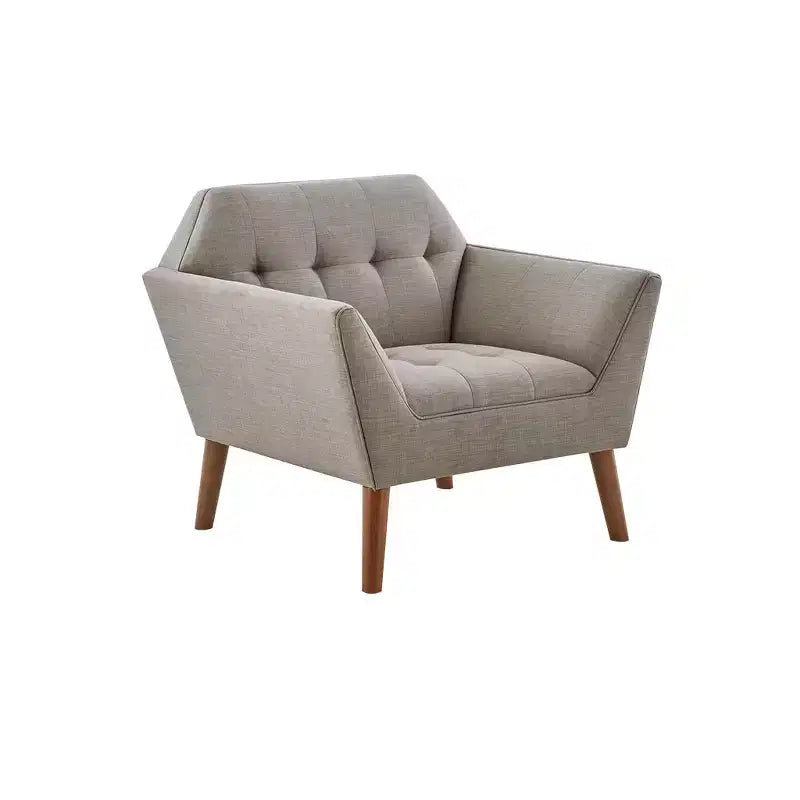 Midcentury Modern Accent Chair, Linen Upholstered Tufted Armchair with Wood Frame, Blue Reading Chair for Living Room Bedroom