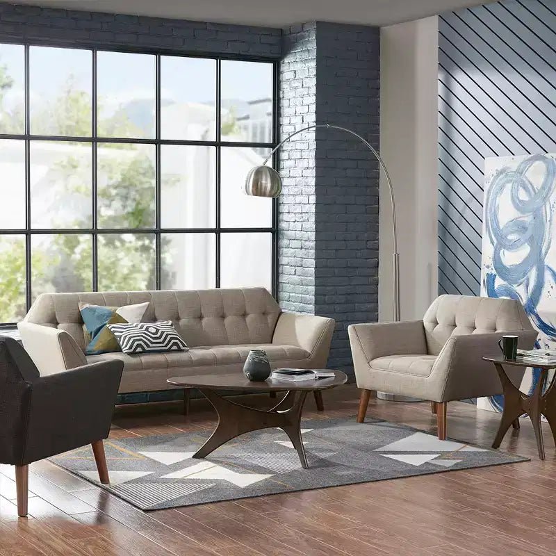 Midcentury Modern Accent Chair, Linen Upholstered Tufted Armchair with Wood Frame, Blue Reading Chair for Living Room Bedroom