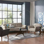 Midcentury Modern Accent Chair, Linen Upholstered Tufted Armchair with Wood Frame, Blue Reading Chair for Living Room Bedroom