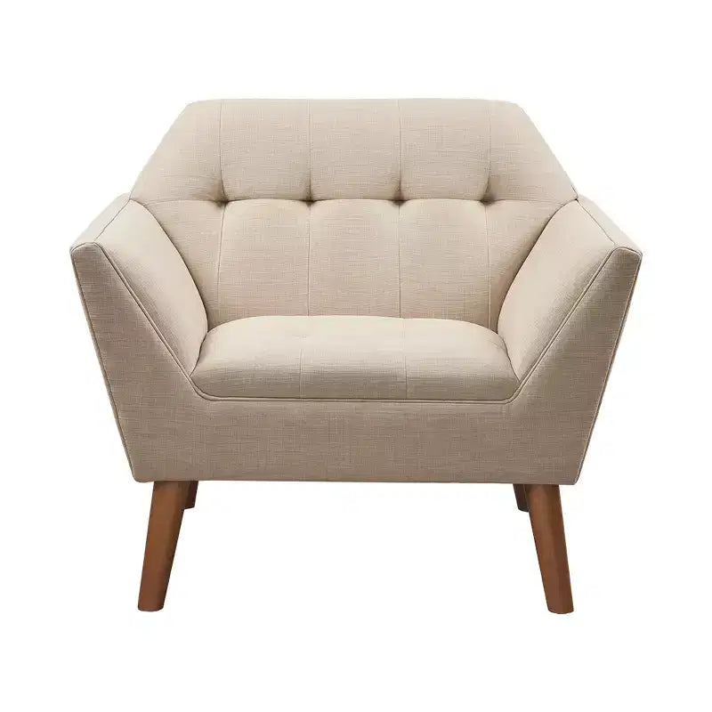 Midcentury Modern Accent Chair, Linen Upholstered Tufted Armchair with Wood Frame, Blue Reading Chair for Living Room Bedroom