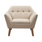 Midcentury Modern Accent Chair, Linen Upholstered Tufted Armchair with Wood Frame, Blue Reading Chair for Living Room Bedroom
